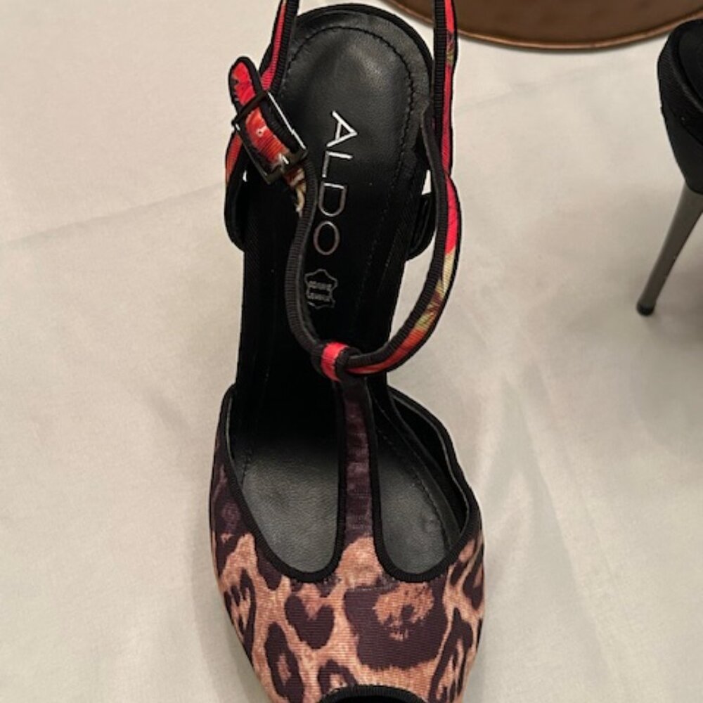 ALDO metal stiletto heels with leopard and hot pink/red floral pattern - Picture 3 of 10